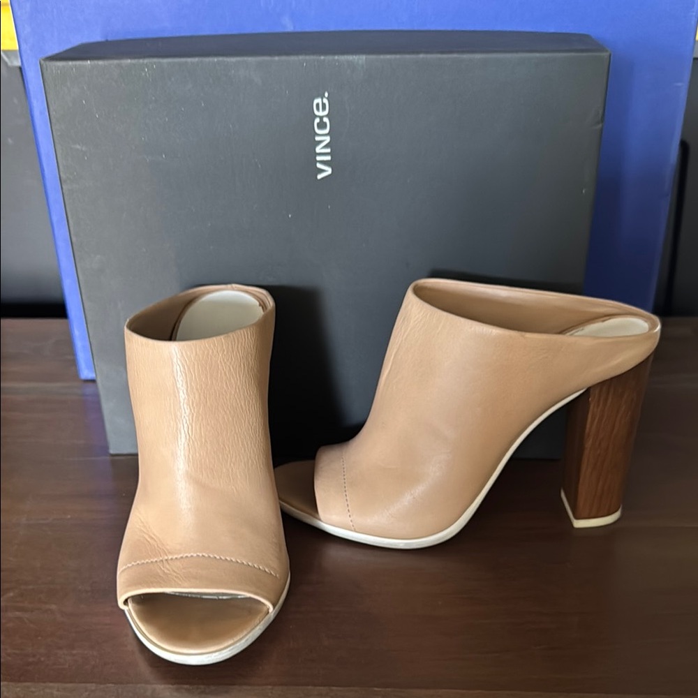 Vince Beige Leather Open-Toe Mules